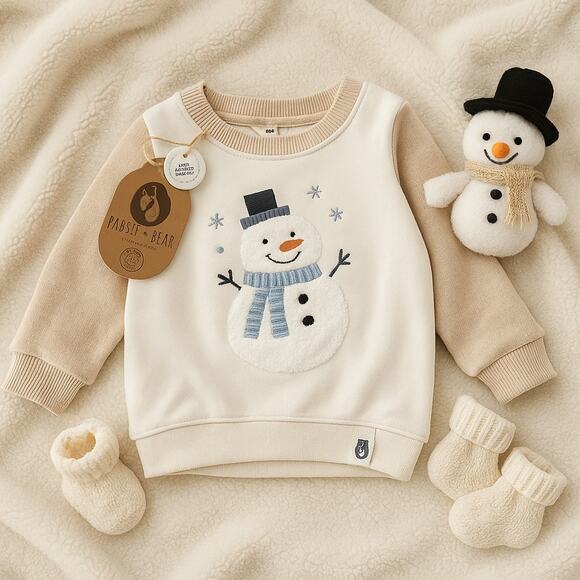 Rabbit + Bear Organic Cotton Infant Snowman Sweatshirt 12M – Cream & Beige NWT - Picture 1 of 11